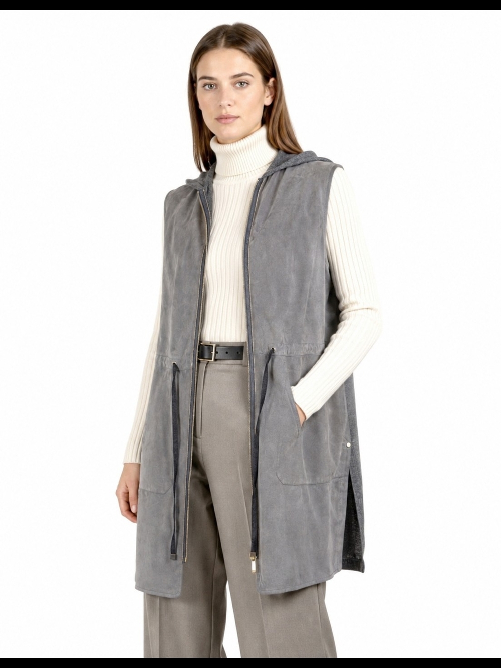 Lafayette 148 New York Sleeveless Hooded Suede Vest in Gray